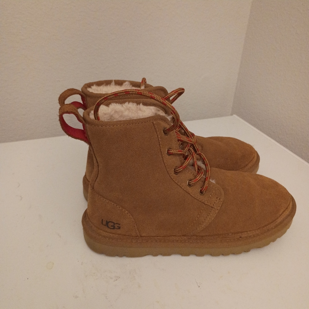 UGG Tan Suede Boots with Red Accents